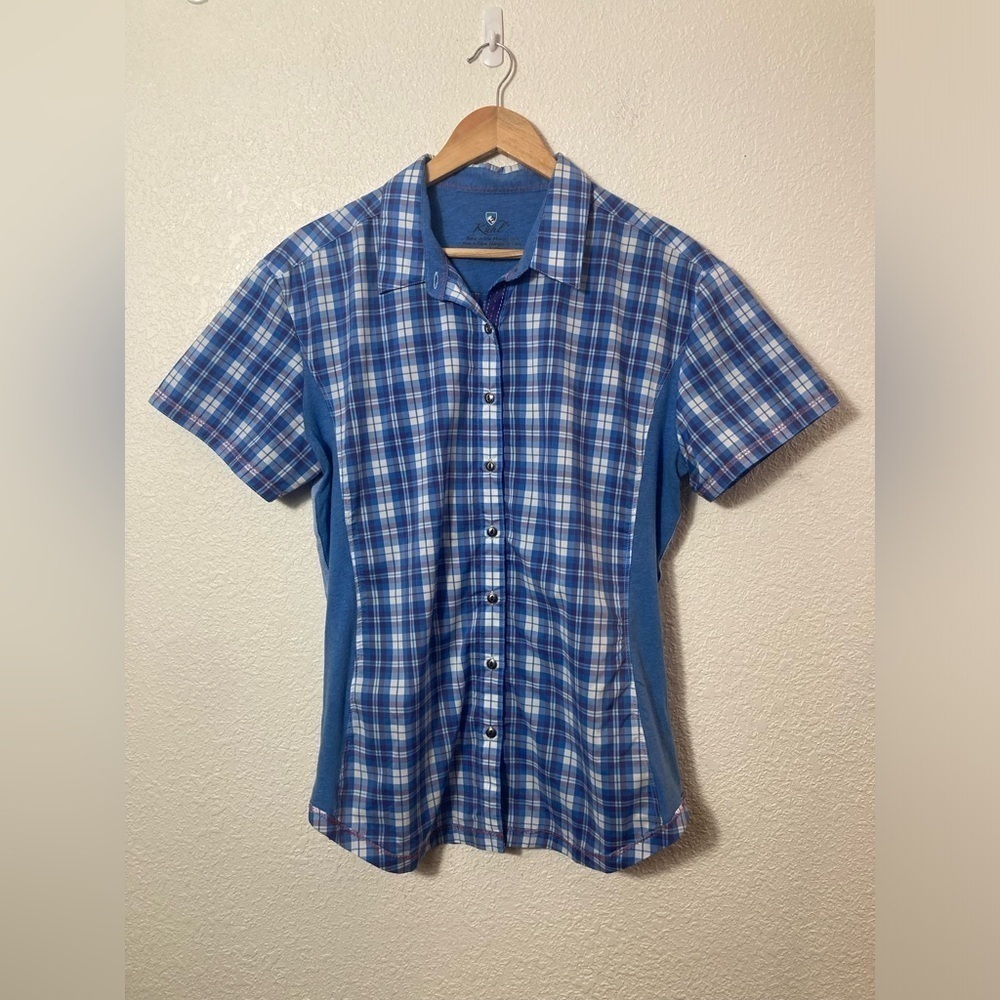 Kuhl blue plaid women’s XL button shirt short sleeve